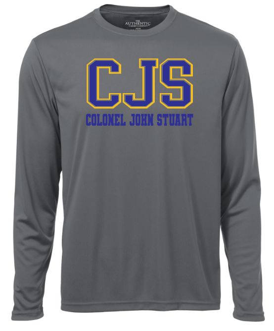 Colonel John Stuart Elementary - Coal Grey CJS Long Sleeve Moist Wick Shirt (Full Chest Logo)