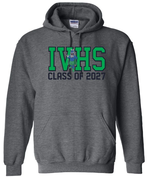 Island View High School - Dark Heather Grey IVHS Class of 2027 with Blue Devil Hoodie