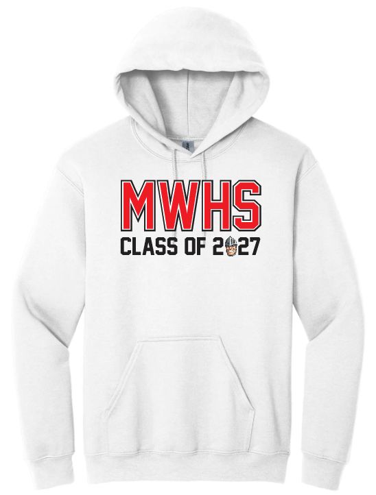 Millwood High - White MWHS Class of 2027 with Millwood Knight Head Hoodie (Full Chest)