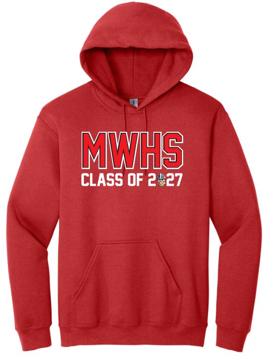 Millwood High - Red MWHS Class of 2027 with Millwood Knight Head Hoodie (Full Chest)