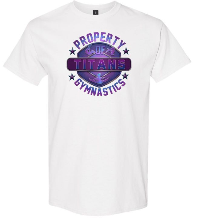 Titans Gymnastics &amp; Trampoline - White T-Shirt with Purple Ombre Property of Titans Logo