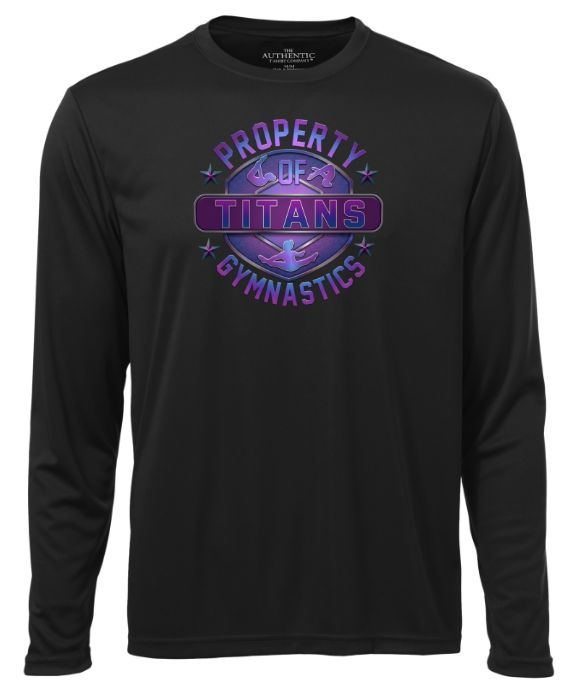 Titans Gymnastics &amp; Trampoline - Black Long Sleeve Moist Wick with Purple Ombre Property of Titans Logo