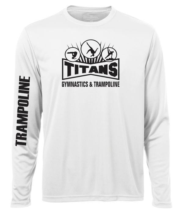 Titans Gymnastics &amp; Trampoline - White Titans Logo Long Sleeve Moist Wick Shirt (All Black Logo)