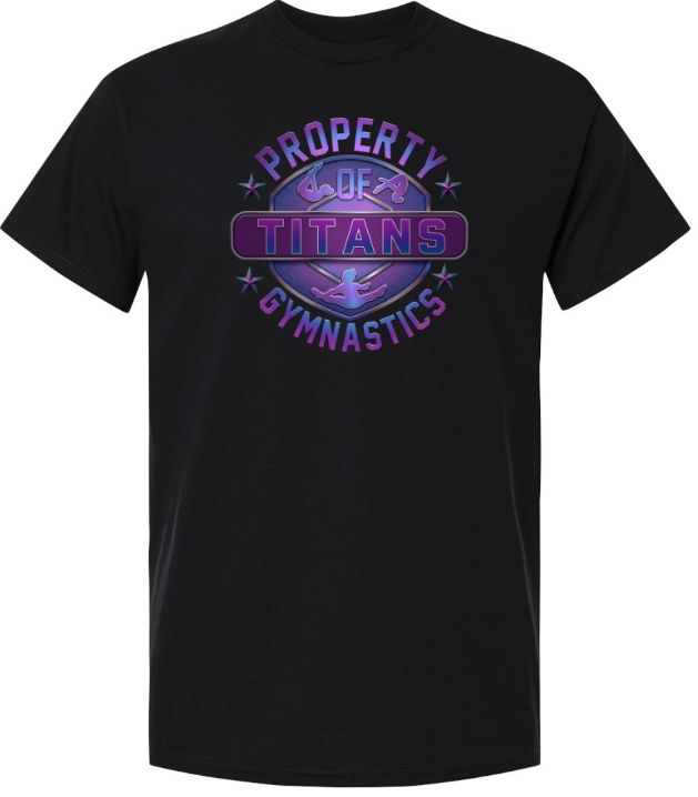 Titans Gymnastics &amp; Trampoline - Black T-Shirt with Purple Ombre Property of Titans Logo