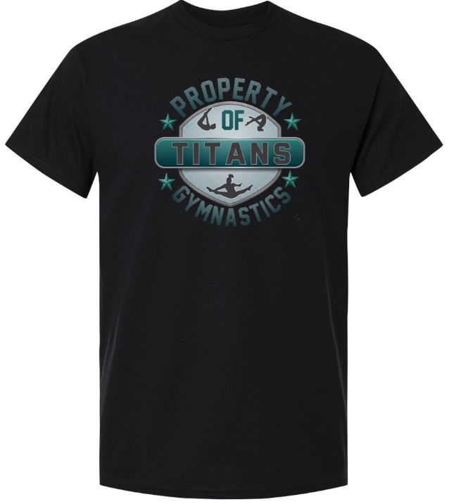 Titans Gymnastics &amp; Trampoline - Black T-Shirt with Teal Ombre Property of Titans Logo