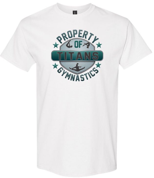 Titans Gymnastics &amp; Trampoline - White T-Shirt with Teal Ombre Property of Titans Logo