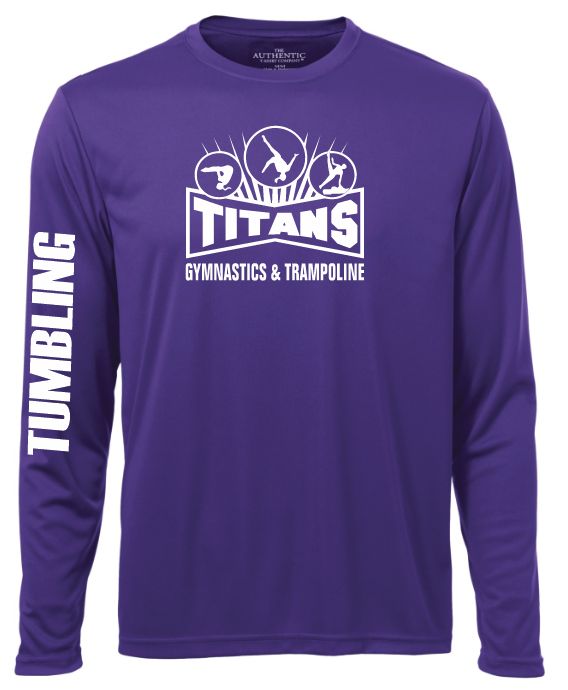 Titans Gymnastics &amp; Trampoline - Purple Titans Logo Long Sleeve Moist Wick Shirt (All White Logo)