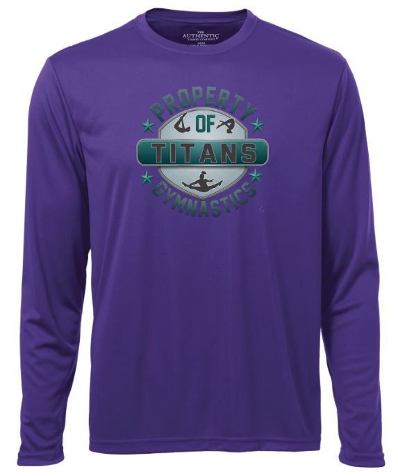 Titans Gymnastics &amp; Trampoline - Purple Long Sleeve Moist Wick with Teal Ombre Property of Titans Logo