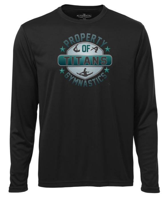 Titans Gymnastics &amp; Trampoline - Black Long Sleeve Moist Wick with Teal Ombre Property of Titans Logo