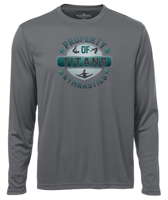 Titans Gymnastics &amp; Trampoline - Coal Grey Long Sleeve Moist Wick with Teal Ombre Property of Titans Logo