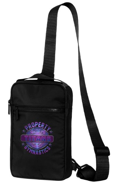 Titans Gymnastics &amp; Trampoline - Black Matte Sling Bag with Purple Ombre Property of Titans Logo