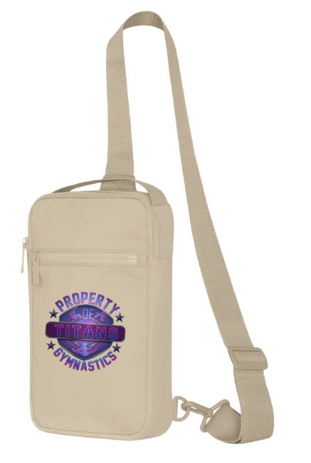 Titans Gymnastics &amp; Trampoline - Sahara Matte Sling Bag with Purple Ombre Property of Titans Logo