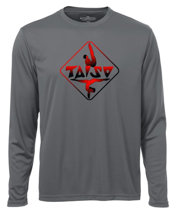 Taiso Gymnastics -  Coal Grey Taiso Logo Long Sleeve Moist Wick Shirt (Red/Black Ombre)