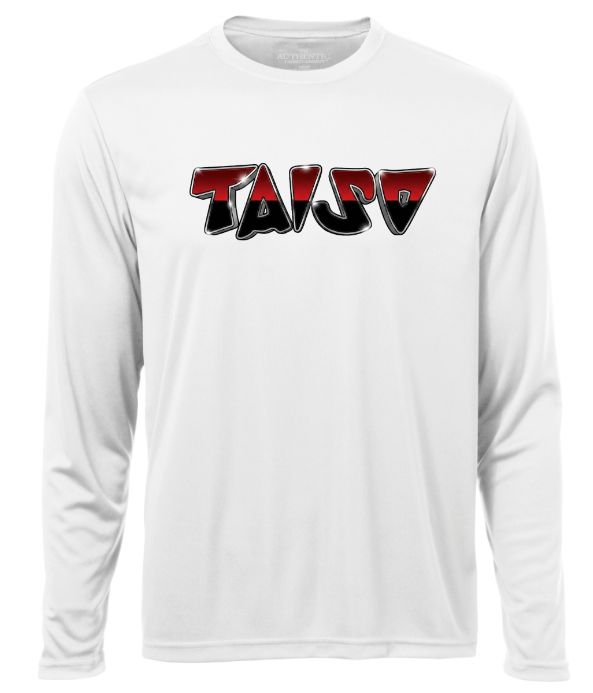 Taiso Gymnastics -  White "TAISO" Long Sleeve Moist Wick Shirt (Red/Black/Silver Ombre)