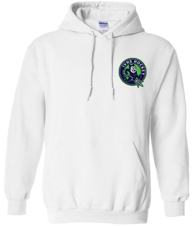 Island View High School - White IVHS Devils Hockey Hoodie (Left Chest)