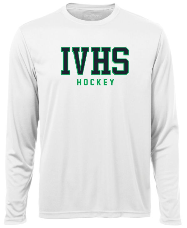Island View High School - White IVHS Hockey Long Sleeve Performance Shirt (Full Chest)