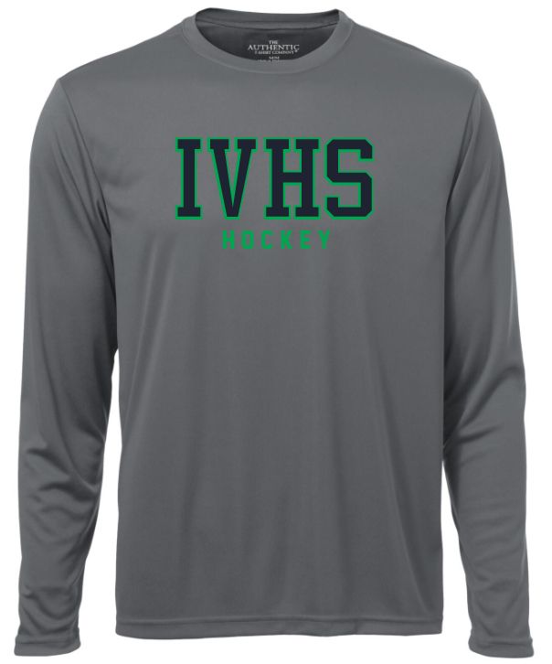 Island View High School - Coal Grey IVHS Hockey Long Sleeve Performance Shirt (Full Chest)