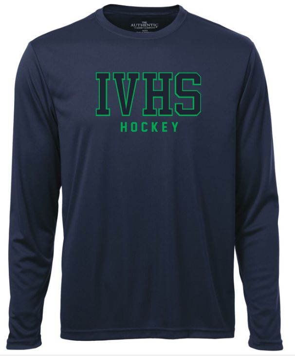 Island View High School - Navy IVHS Hockey Long Sleeve Performance Shirt (Full Chest)
