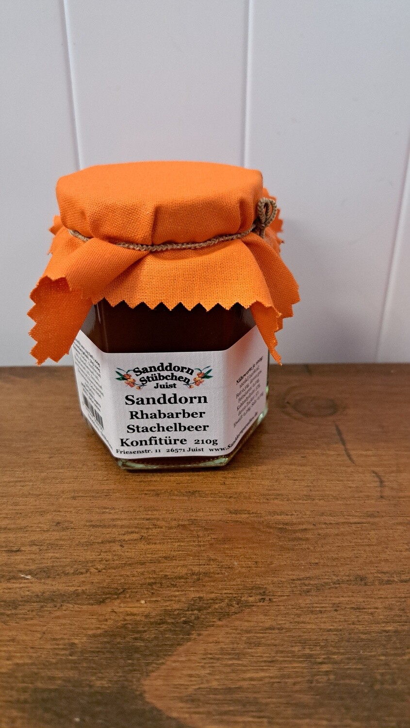210g Sanddornkonfitüre mit Rhabarber und Stachelbeeren