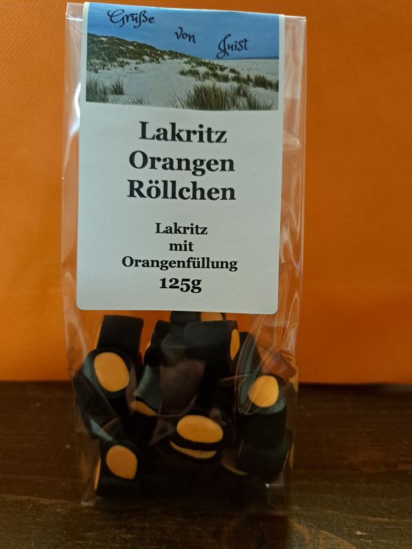 125g Lakritz Orangenröllchen, Gruß von Juist 125g Lakritz Orangenröllchen, Gruß von Juist