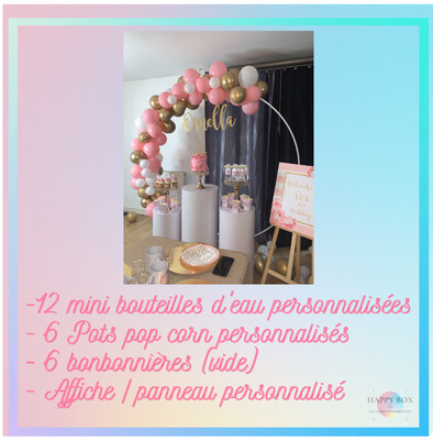 # PACK 4 - 12 minis bouteilles d'eau personnalisées + affiche/panneau personnalisé + 6 pots pop-corn personnalisés + 6 bonbonnières