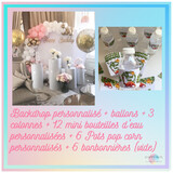 # PACK 5 - Backdrop personnalisé + ballons + 3 colonnes + 12 bouteilles d'eau personnalisées + 6 pots pop-corn personnalisés + 6 bonbonnières