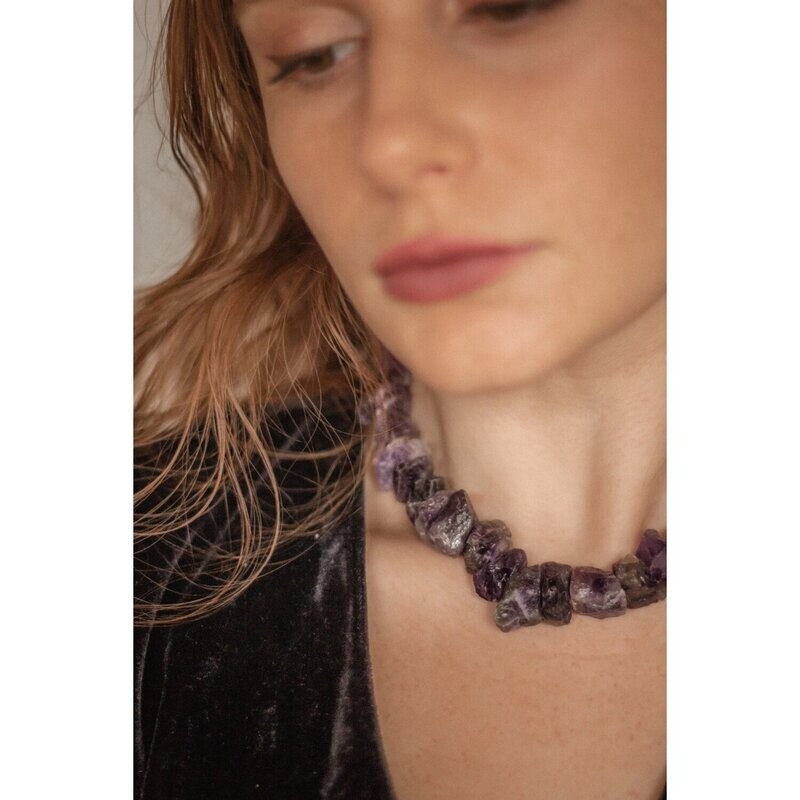 925 Sterling Silver Amethyst Crystal Rock Statement Necklace