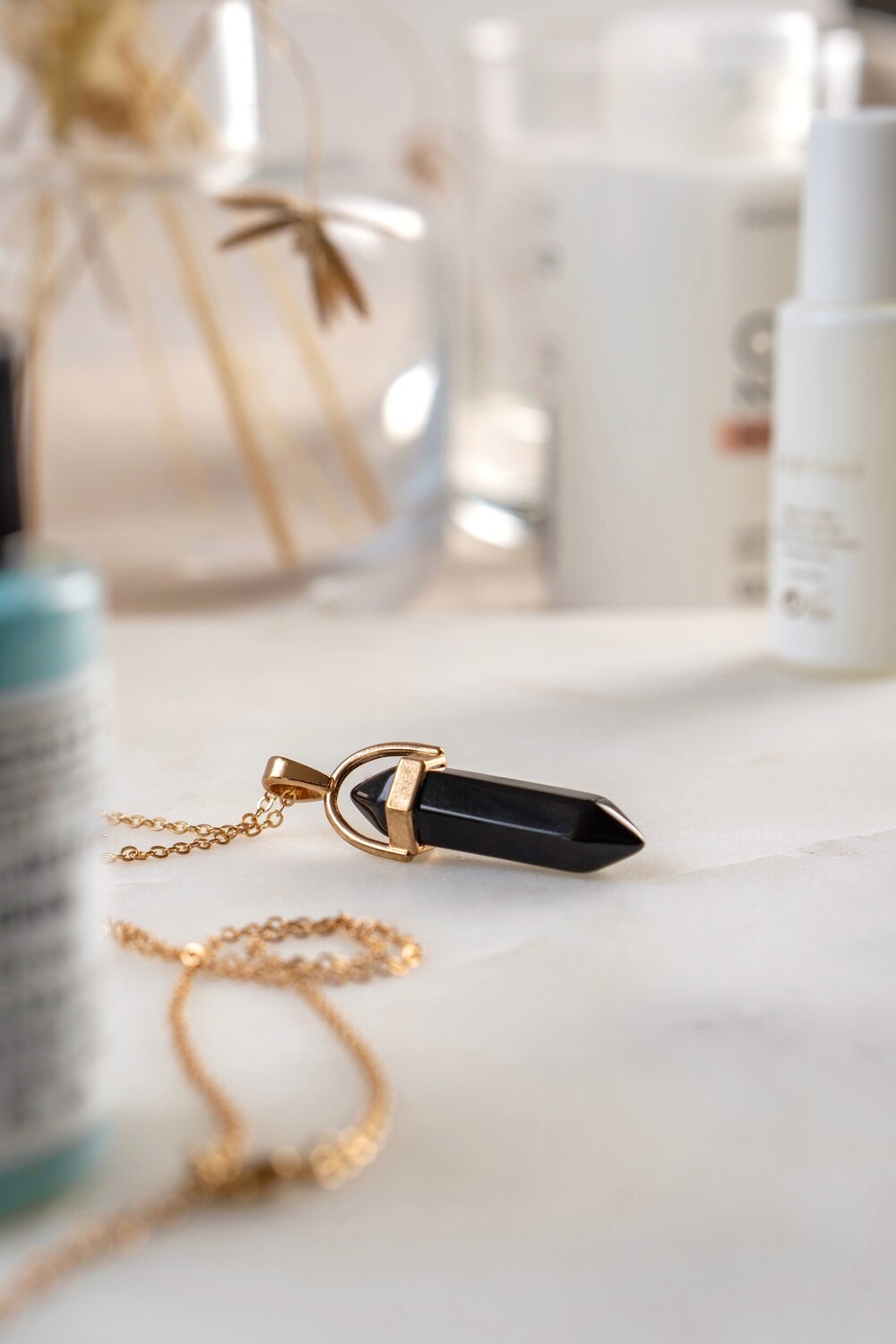 Gold Tone &amp; Black Agate Crystal Point Necklace