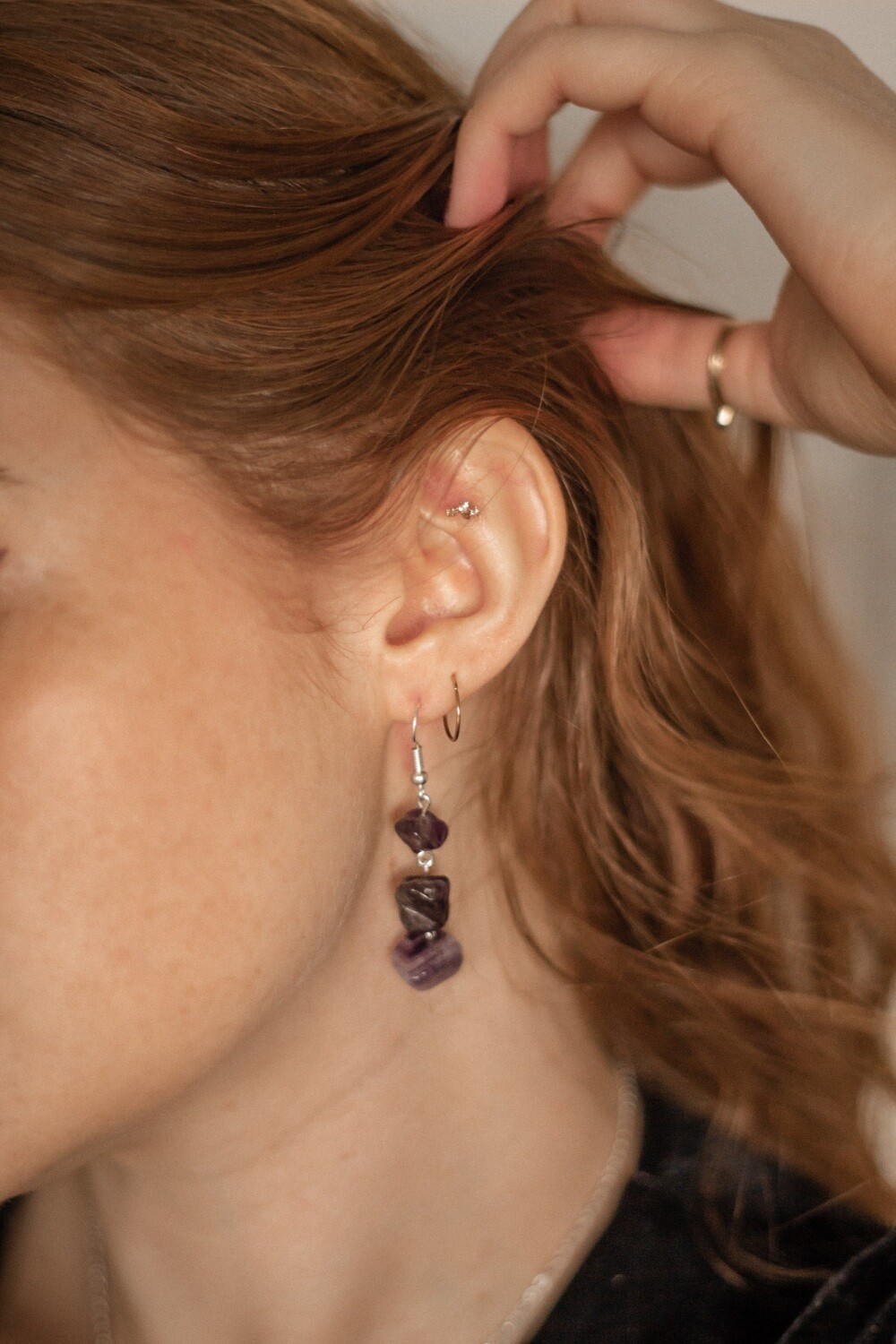 925 Sterling Silver &amp; Amethyst 3 Drop Semi Precious Stone Earrings