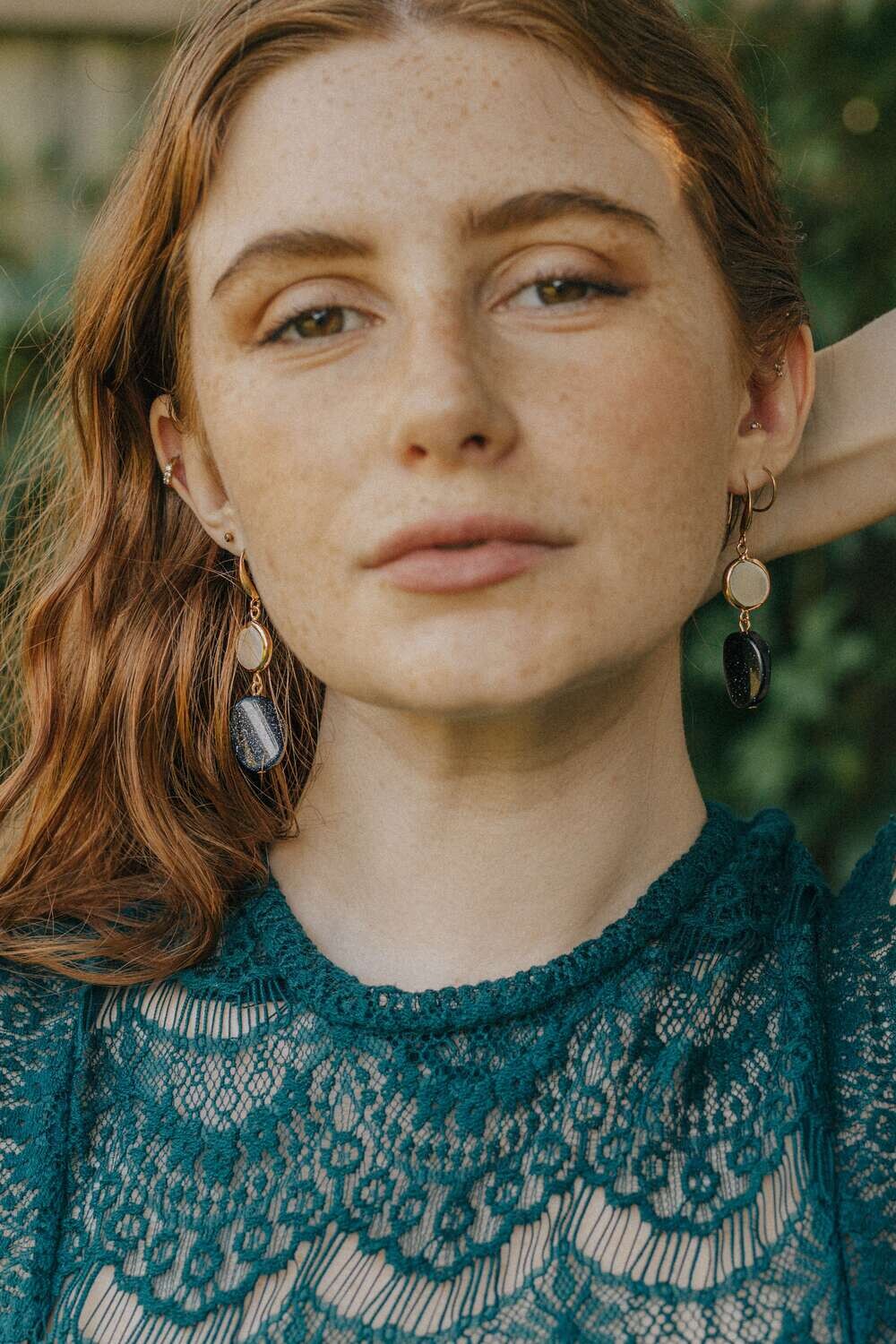 Blue Sandstone &amp; Gold Tone Statement Earrings