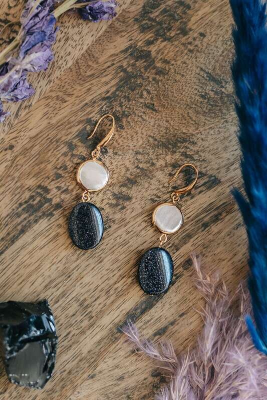 Blue Sandstone &amp; Gold Tone Statement Earrings
