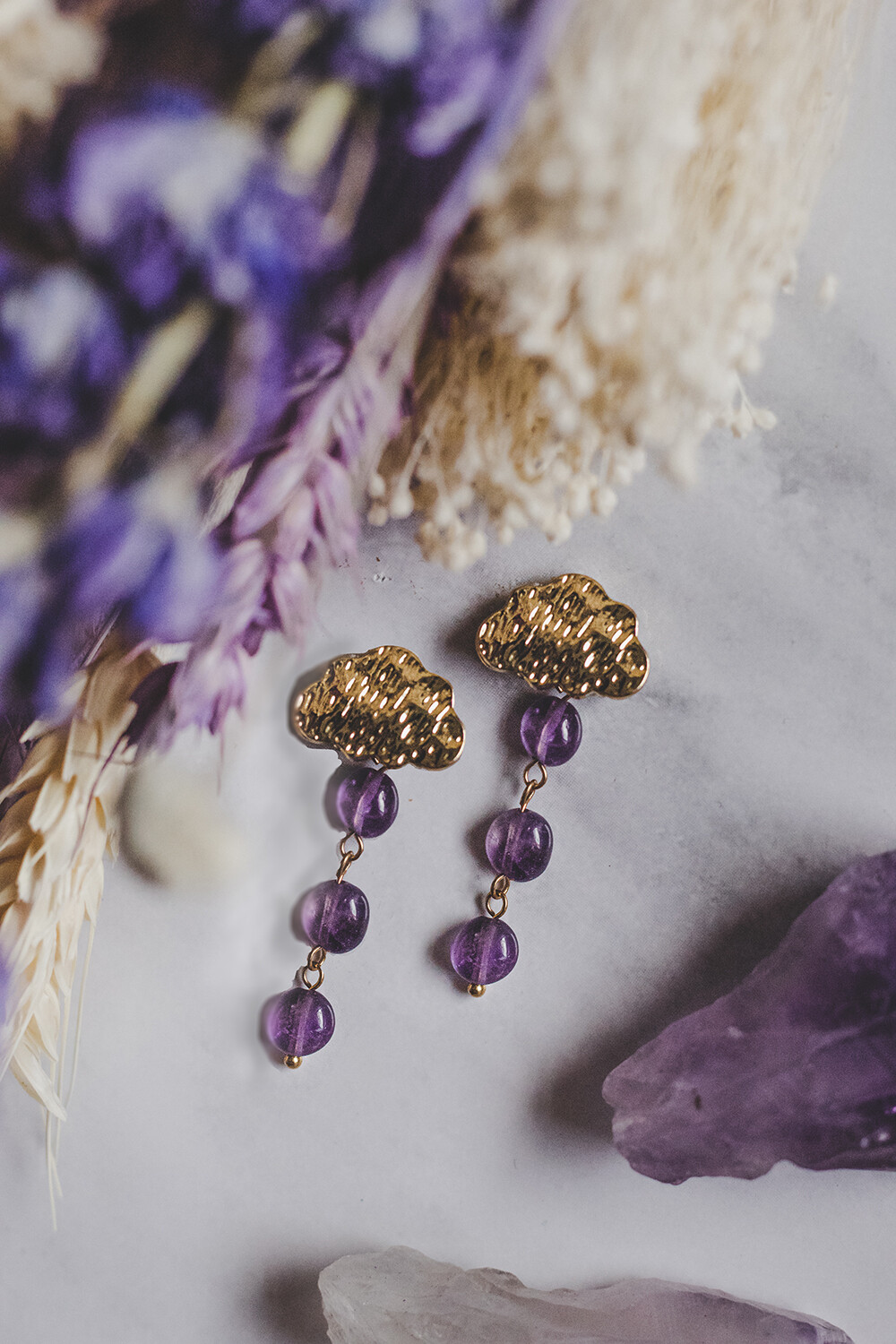 Gold Tone Cloud "Purple Rain" Amethyst Single Drop Earrings