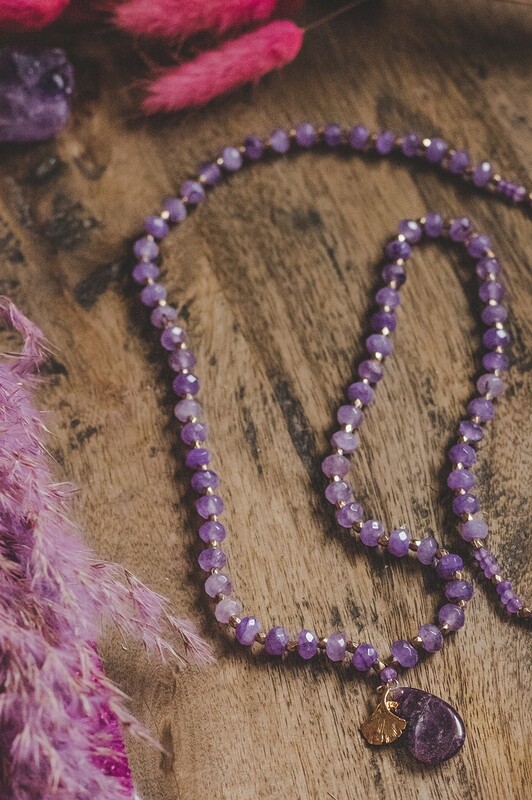 Long Length Amethyst Stone Necklace with Gold Tone Detail