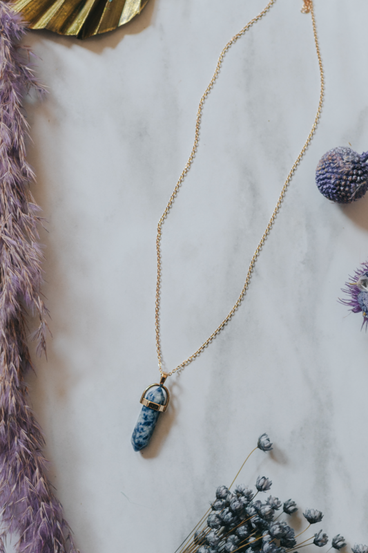 Gold Tone &amp; Blue Vein Stone Crystal Point Necklace