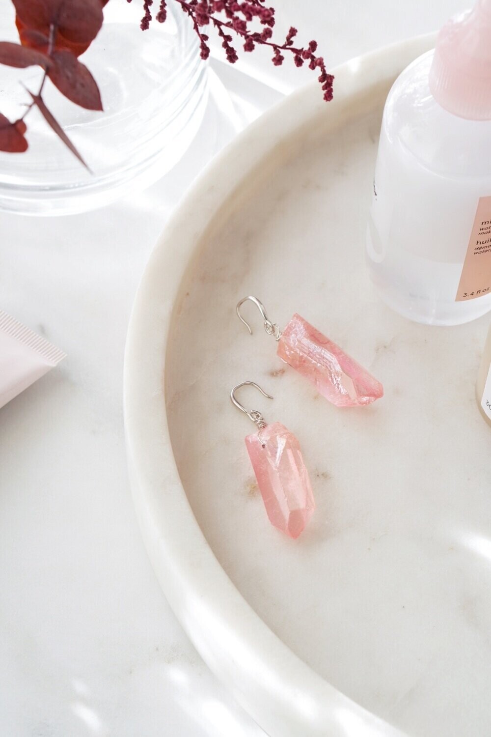 925 Sterling Silver &amp; Raw Cut Soft Pink Agate Crystal Earrings