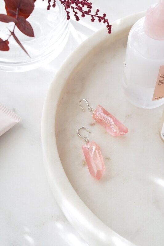 925 Sterling Silver &amp; Raw Cut Soft Pink Agate Crystal Earrings