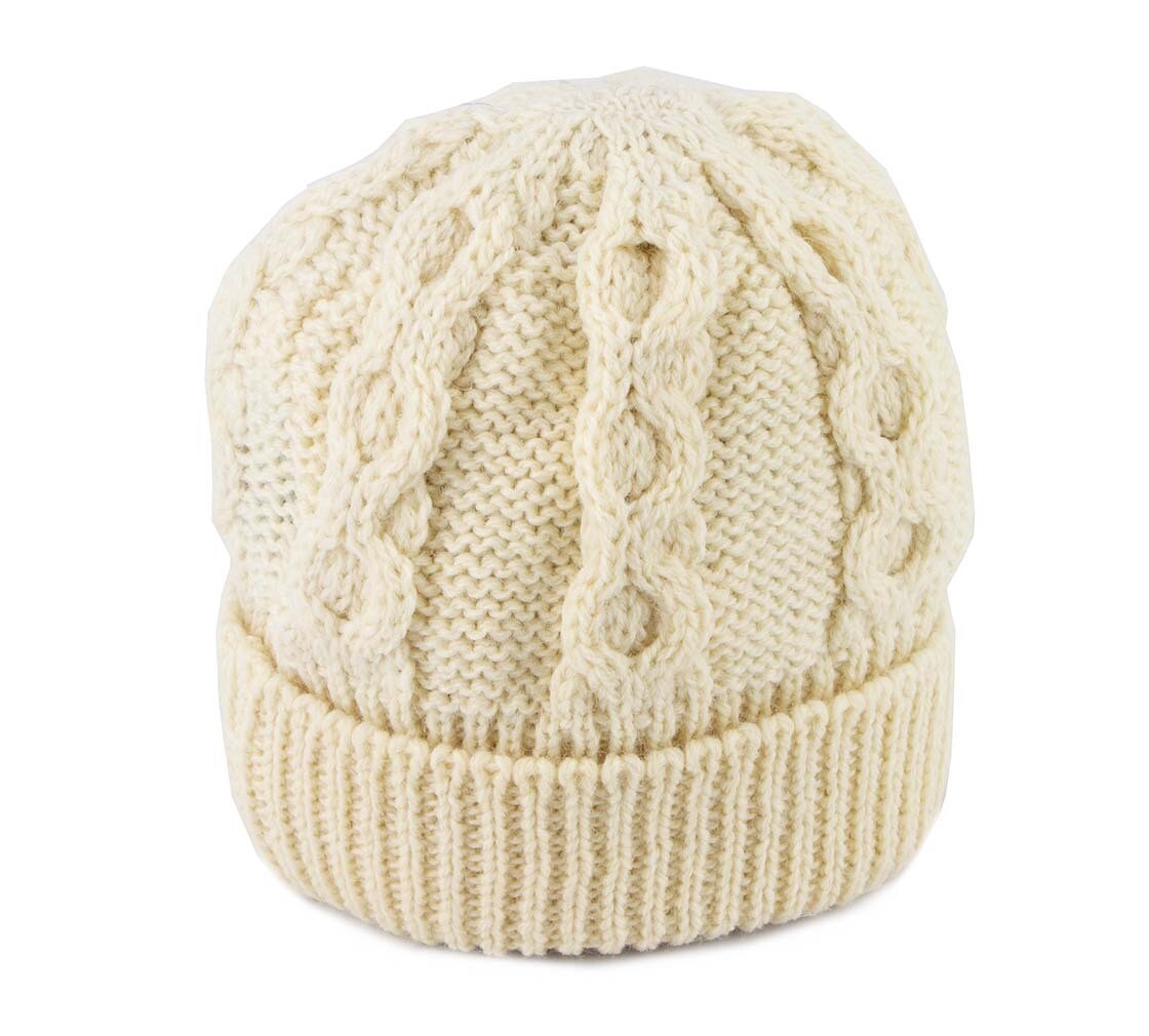 100 % Wool Aran Bob Hat, Color: Cream