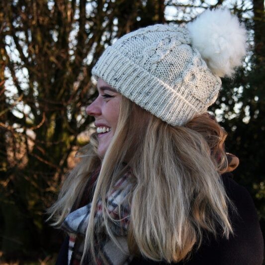 100 % Wool Aran Beanie w Sheepskin Bobble