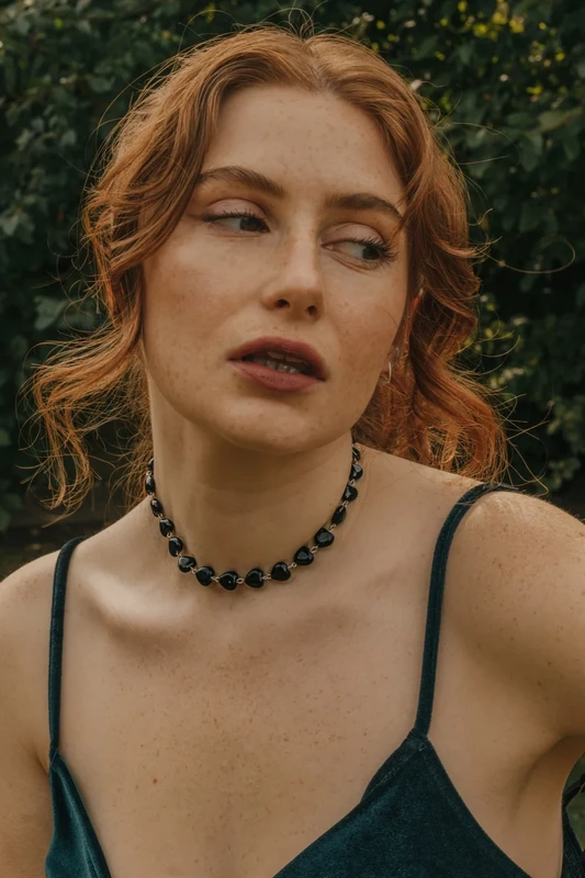 925 Sterling Silver Black Obsidian Crystal Heart Choker Necklace