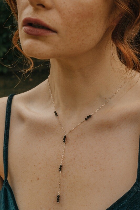 925 Sterling Silver Black Obsidian Delicate Drop Crystal Necklace