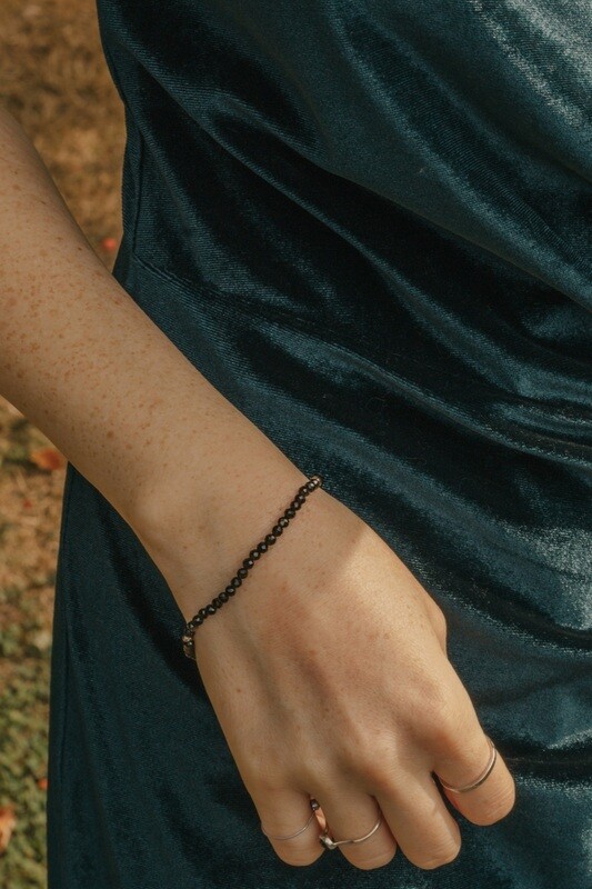 925 Sterling Silver Mini Black Obsidian Crystal Cut Bracelet