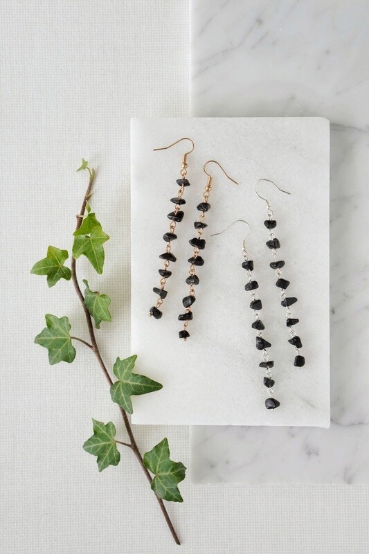 925 Sterling Silver Black Obsidian Crystal Chip Dropper Earrings