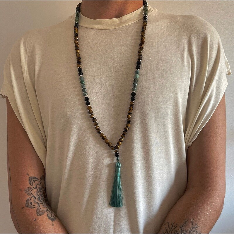 Men&#39;s African Turquoise Black Onyx and Tigers Eye 108 Mala Bead Necklace with Tassel