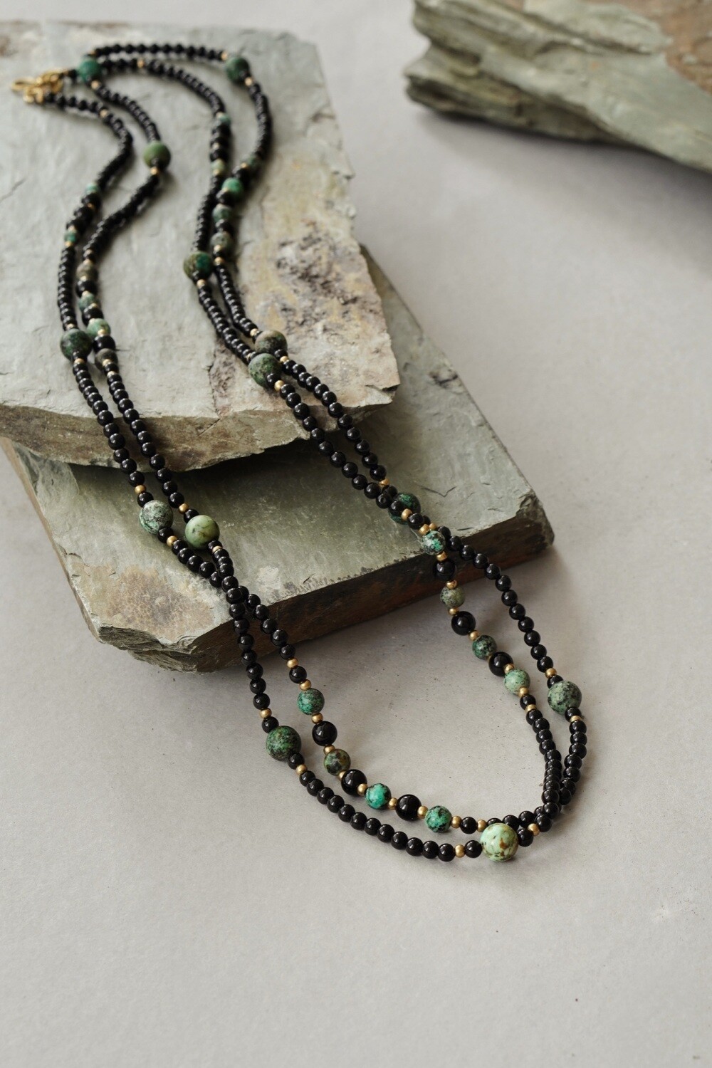 Men&#39;s Extra Long Length African Turquoise and Black Onyx Necklace