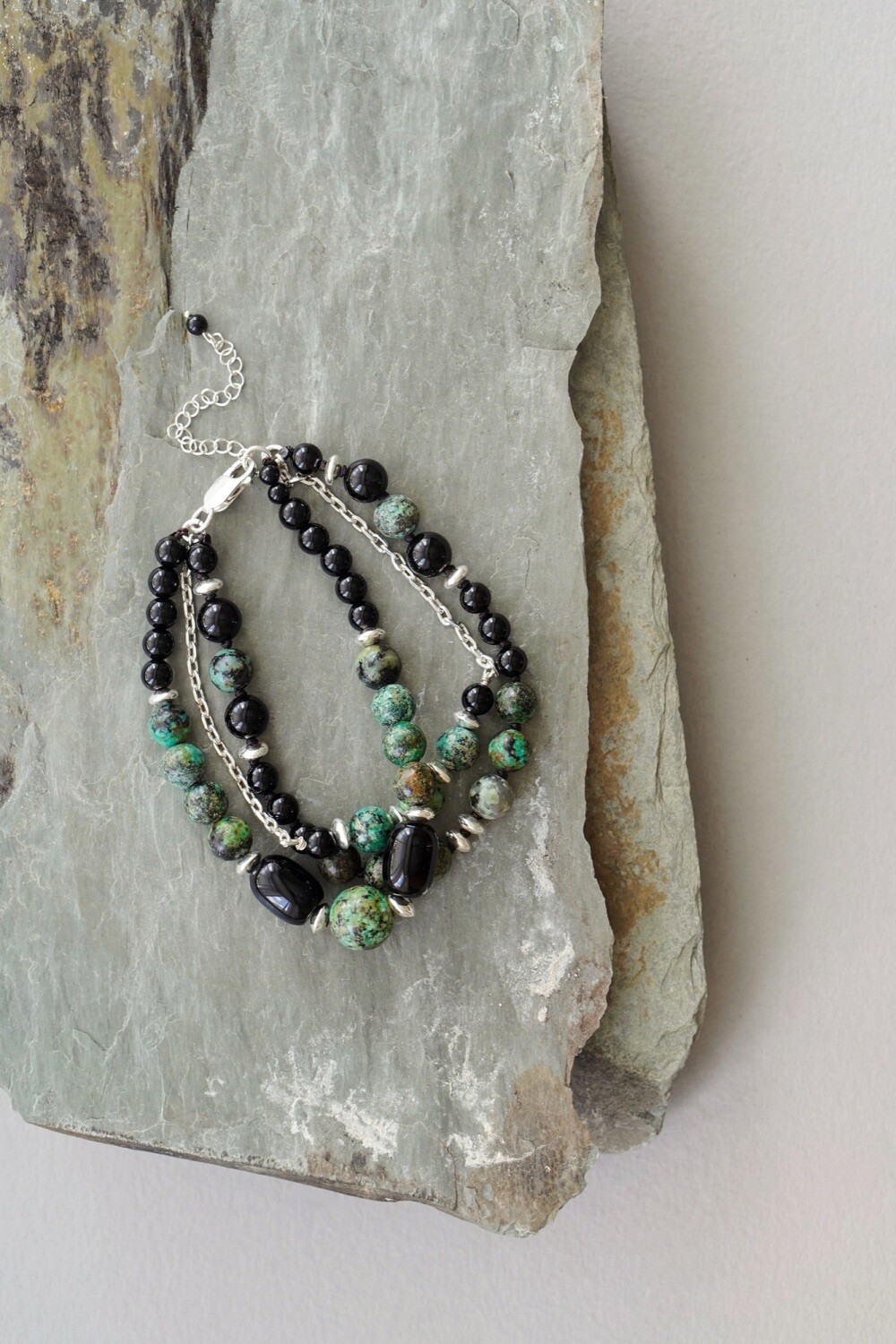 Men&#39;s 925 Sterling Silver African Turquoise and Black Onyx Layer Bracelet