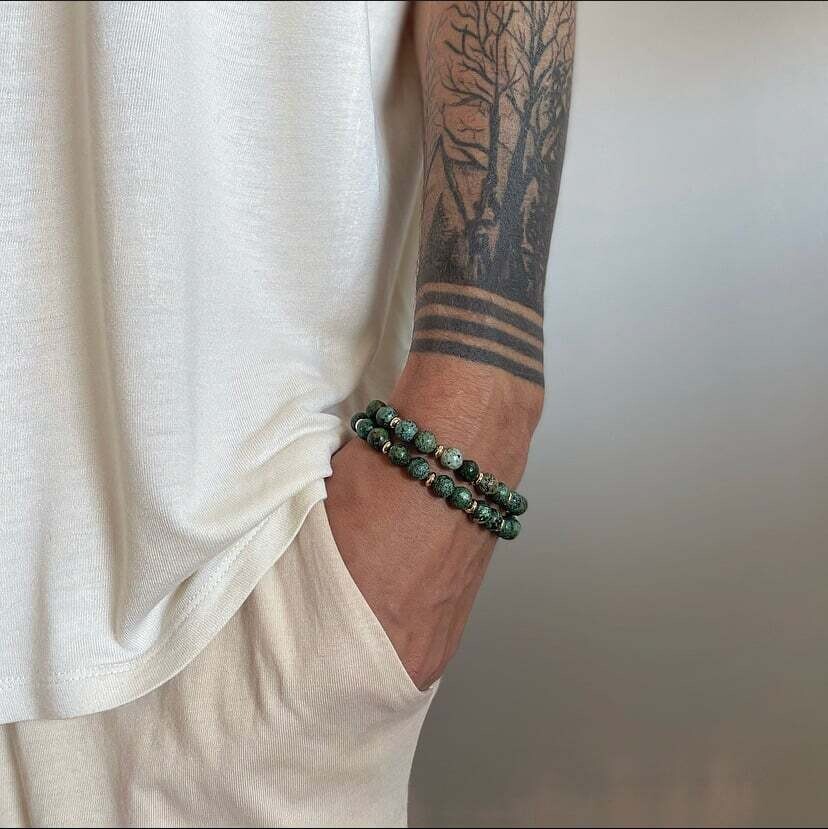 Men&#39;s Gold Tone African Turquoise Double Wrap Crystal Bracelet