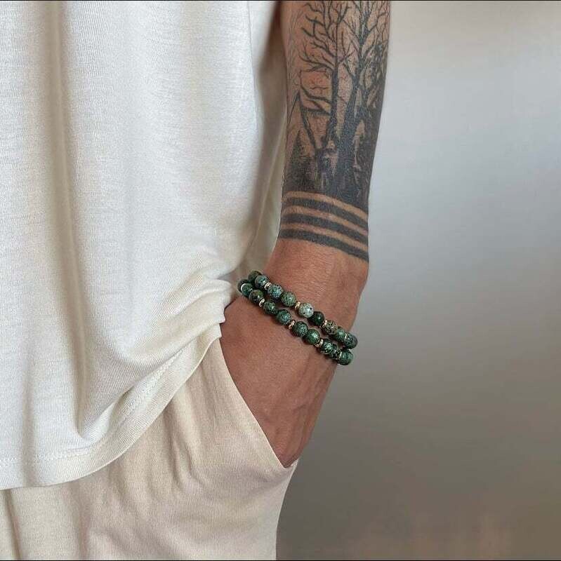 Men&#39;s Gold Tone African Turquoise Double Wrap Crystal Bracelet