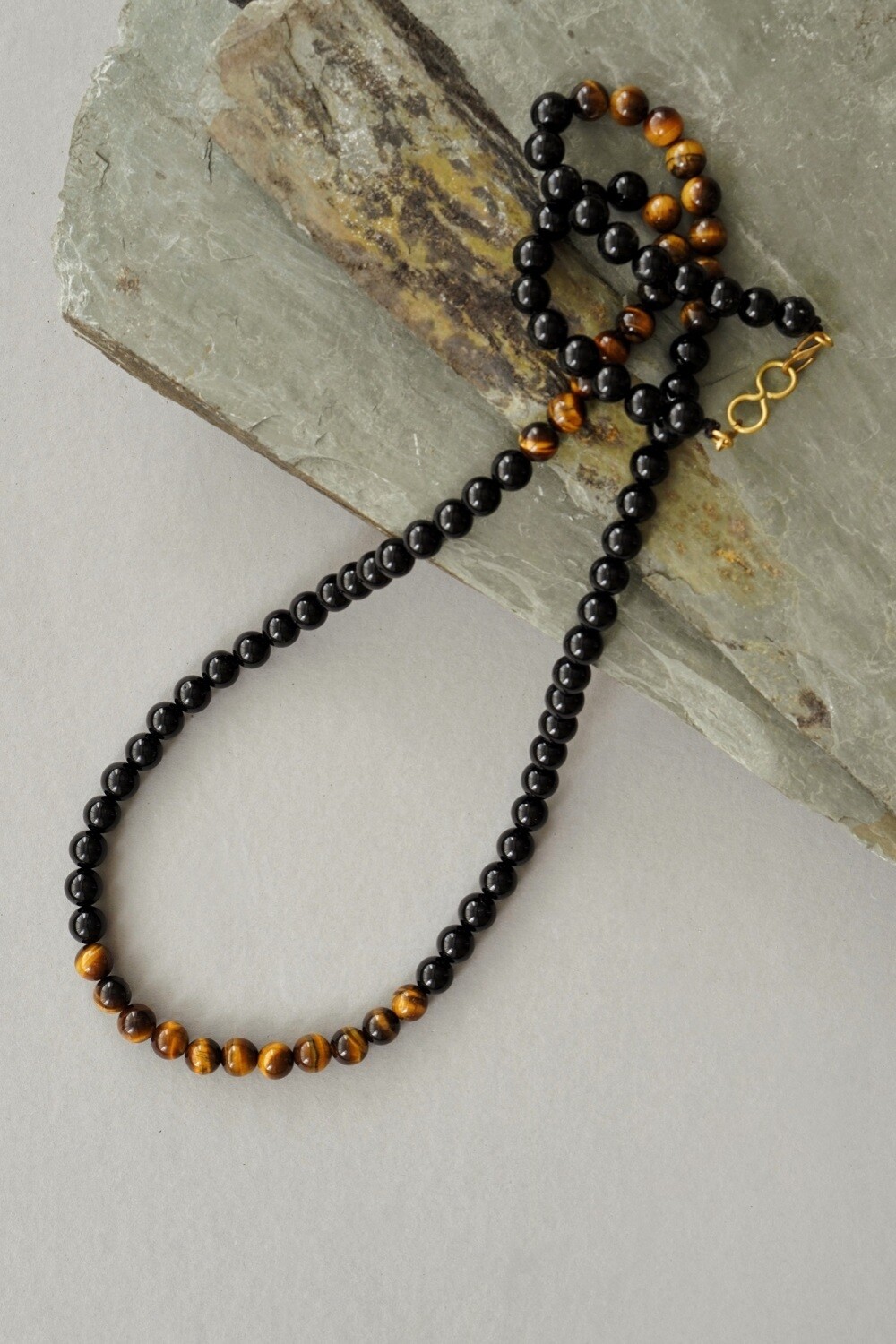 Men&#39;s Long Length Tigers Eye and Black Onyx Brass Necklace