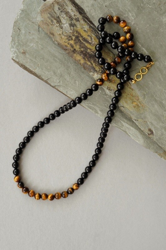 Men&#39;s Long Length Tigers Eye and Black Onyx Brass Necklace