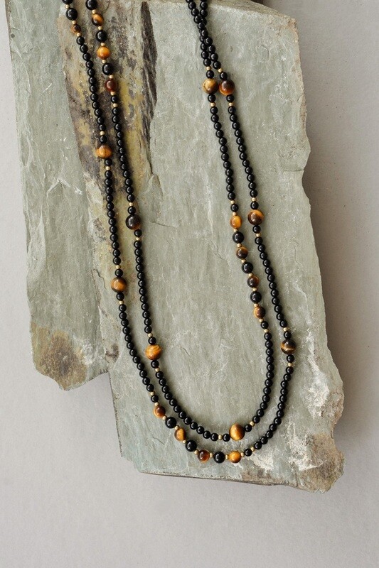 Men&#39;s Extra Long Length Tigers Eye and Black Onyx Necklace